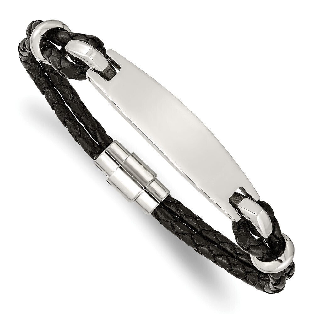 Kazi Luxury Steel Polished Black Woven Leather 8.5in ID Bracelet